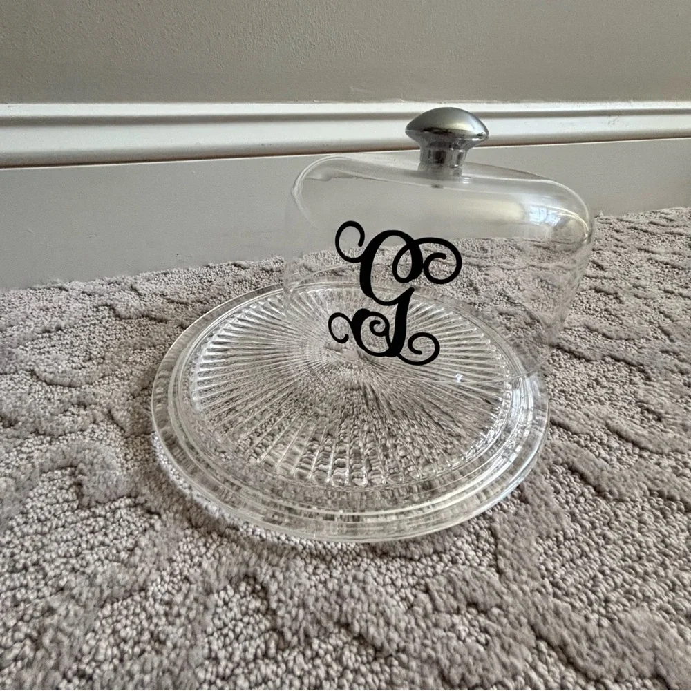 Clear Enamel Covered Cheese Board Dish with Serving Tray Monogram G Gift Party - Picture 4 of 7